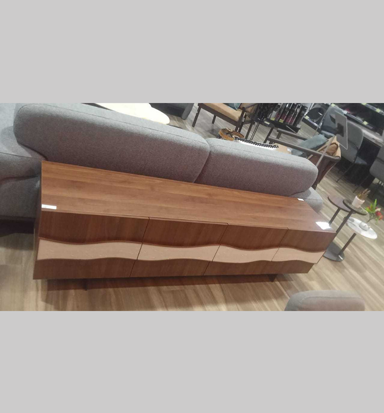 Valtera TV Stand – White Stone Wave Design with Walnut Finish image