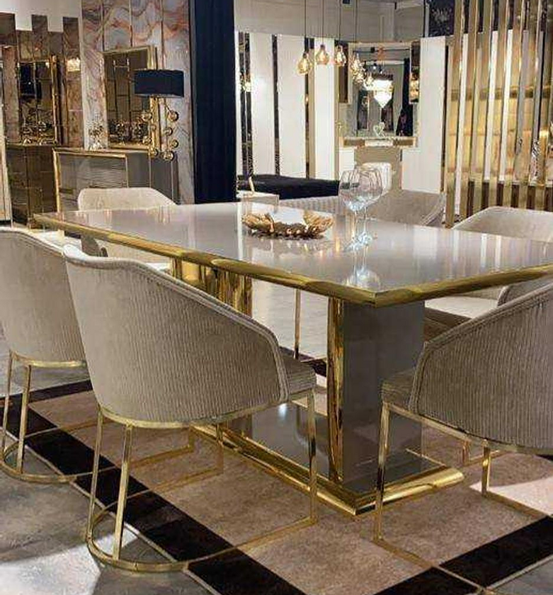 Hermes Dining Table with 8 Chairs – Parlak Nehir Kumu & Gold Metal Legs image