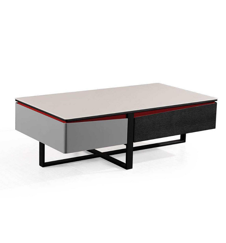 MDF & Wood Veneer Coffee Table with Metal & Glass – Khaki, Black & Red image