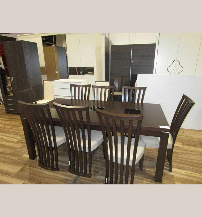 Dining Table with 8 Chairs – Black Glass Top & Burn Beech Finish image