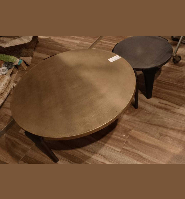 Set of 2 Coffee Tables – Antique Brass & Zinc Tops with Black Legs image