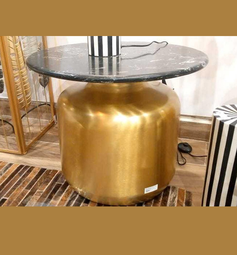 Round Side Table with Black Fantasy Marble Top & Iron Base image