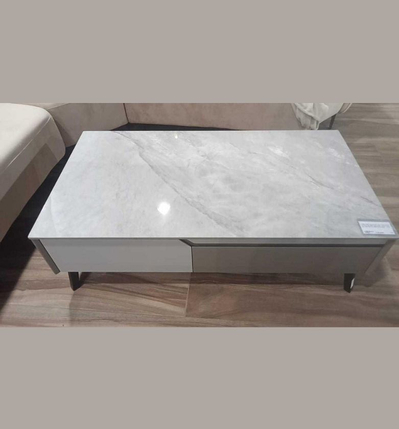 Grey & Beige Coffee Table with Shiny Ceramic Top and Black Metal Legs image