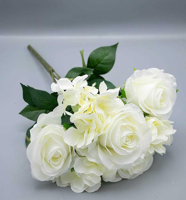 Artificial Rose & Hydrangea Mixed Bush x7 – White image
