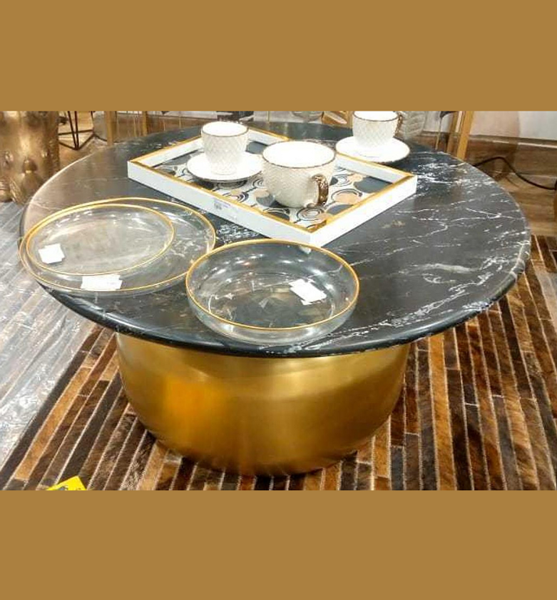 Round Coffee Table – Black Fantasy Marble Top with Iron Base, image