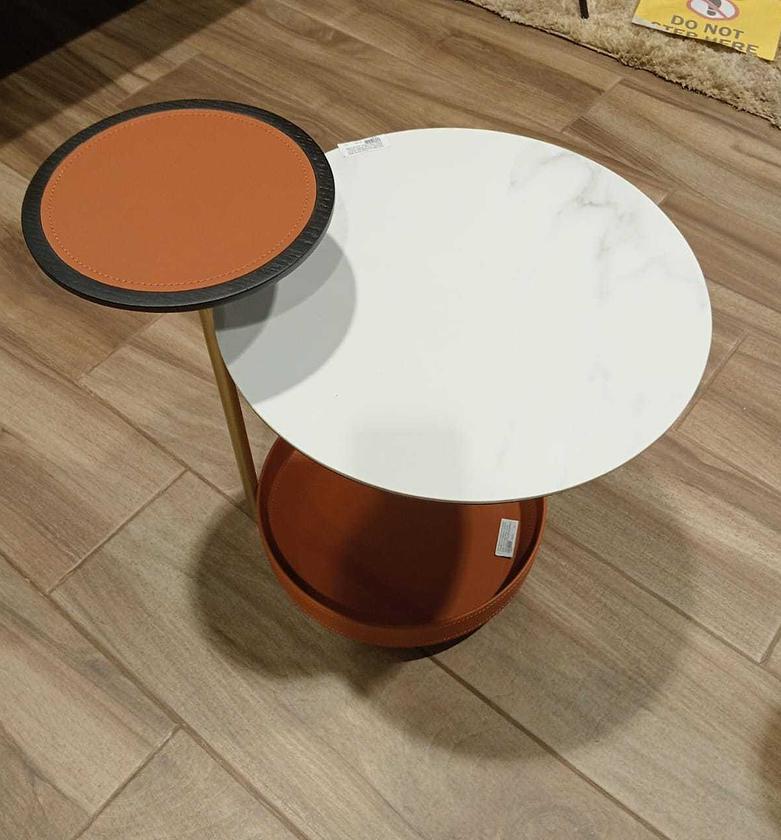 Barenia 3-Layer End Table – White Beige Ceramic Top with Leather Base & Stainless-Steel Legs image