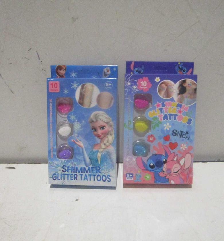 Shimmer Glitter Tattoos – Frozen, Stitch, Barbie – 3 Assorted Designs image