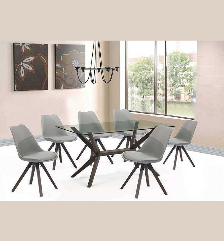 Dining Table with 6 Chairs – Burn Beech Solid Wood & Tempered Glass image
