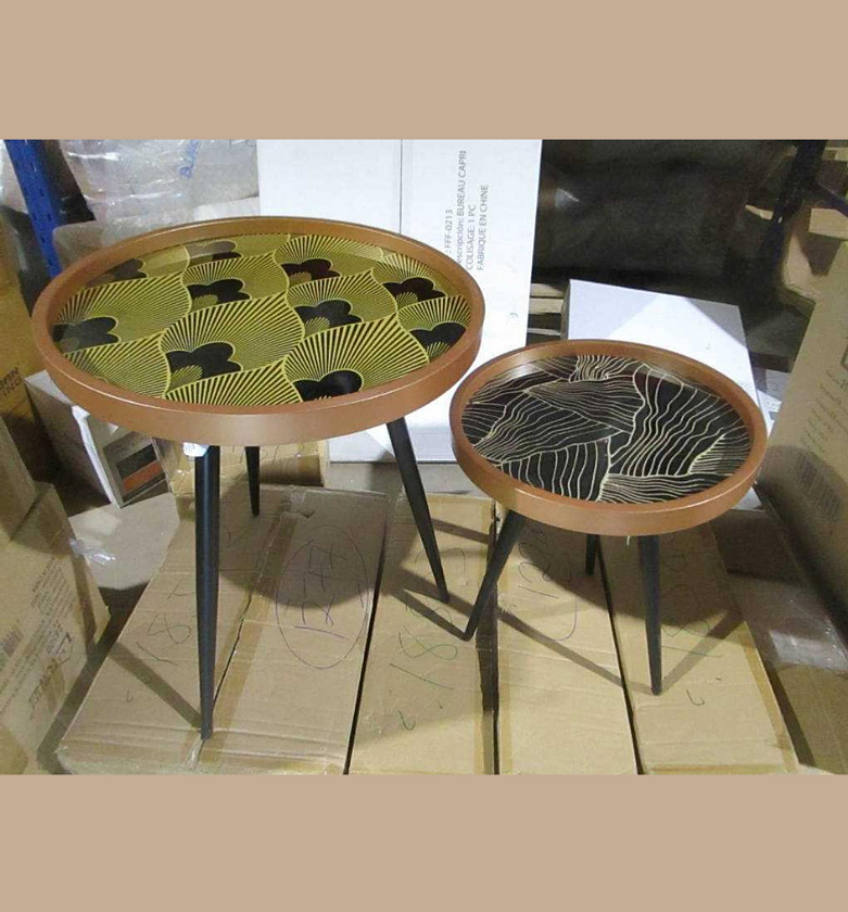 Art Up Set of 2 Round Tables – Black Metal Base with Black & Gold Decorated Trays image