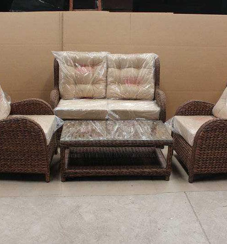 Outdoor Rattan Sofa Set 2+1+1 with Coffee Table – Brown Frame & Beige Cushions image