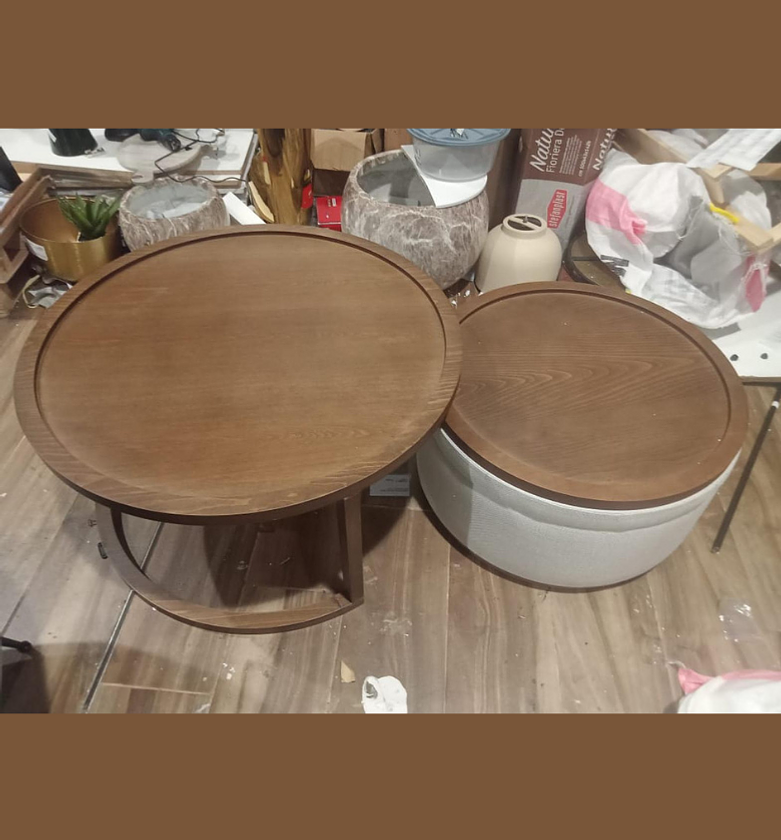 Marsis Coffee Table & Pouf with Storage – Dark Walnut & Cream Fabric image