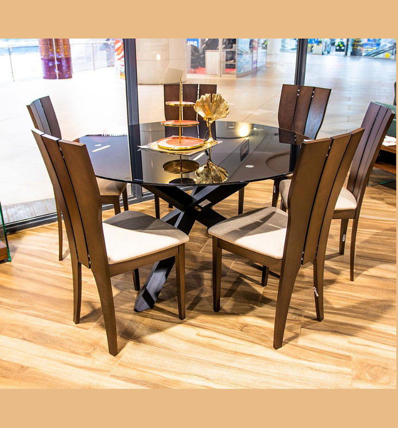 Round Glass Dining Table with 6 Chairs – Dark Walnut image
