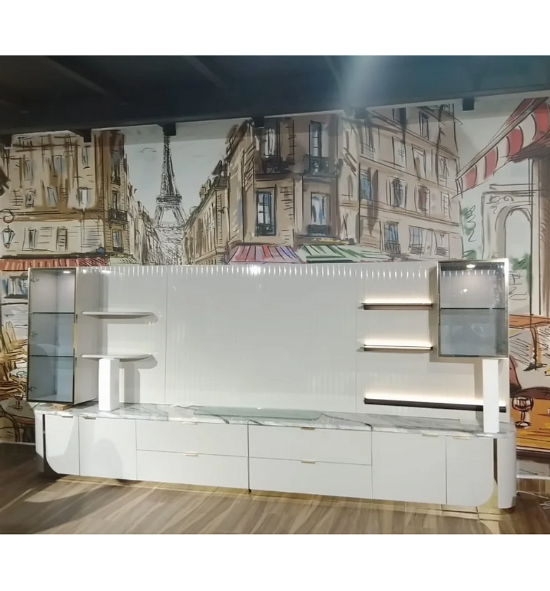 Wall-Hanging Cabinet & TV Stand Set – High Gloss Light Grey & Gold with Black Accents image