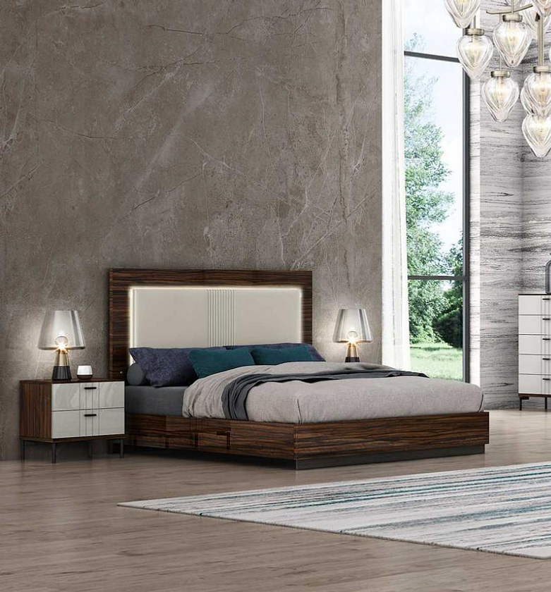 LED-Accented Bedroom Set – Bed with Nightstands, 6-Drawer Dresser & Mirror (Ebony & Grey Lacquer) image