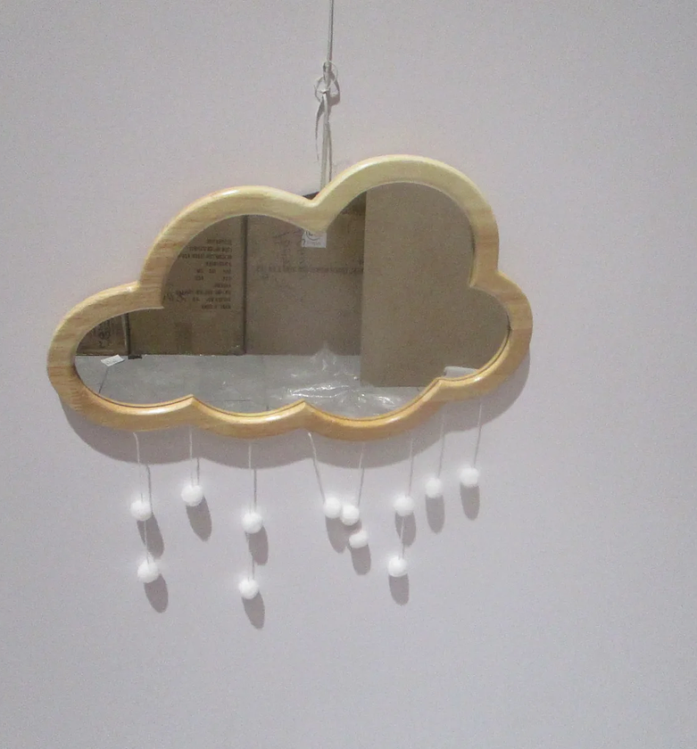 Cloud-Shaped Mirror with Wooden Frame and Pompom Raindrops image